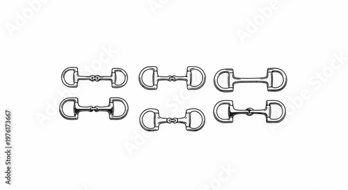 Six equestrian bits, various styles, shown in line art