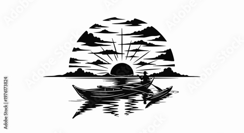 Silhouette of a man rowing a boat at sunrise, reflected on the water