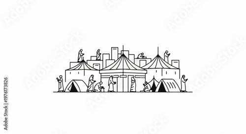 Simple line drawing of a tent city with people in religious attire praying or observing