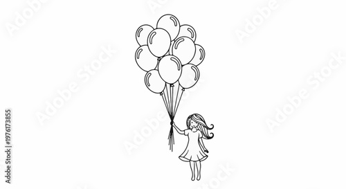 A girl in a dress holds a bunch of balloons with strings