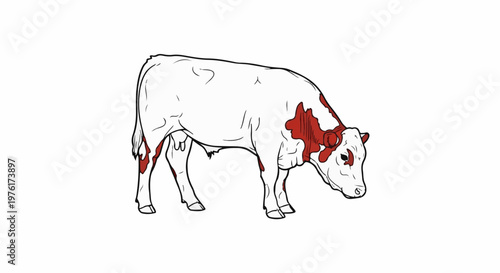 Simple line drawing of a white cow with red patches, grazing