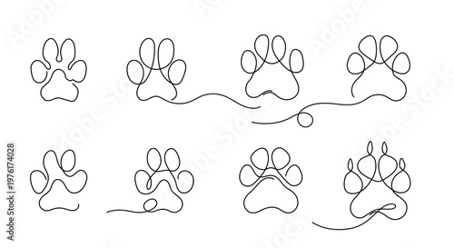 Set of continuous one line drawing of animal paw pad. Minimalist dog paw print in single line outline style, vector illustration for logos, pet themed, stickers, and branding.