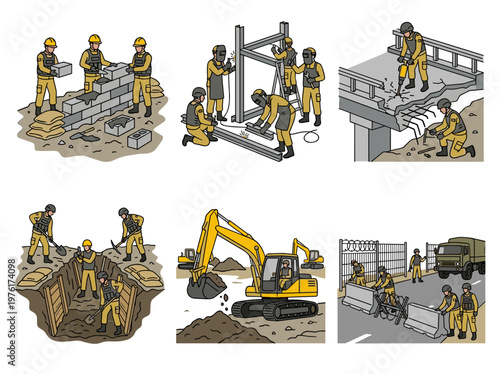 Military engineering and construction workers set, industrial tactical activity illustrations on white background