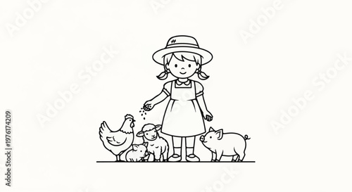 A girl in a hat and apron feeds farm animals including a chicken, pig, and lamb