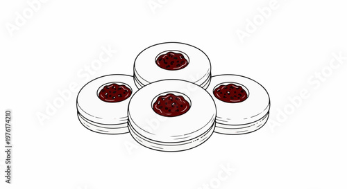 Simple illustration of four round cookies filled with dark jam