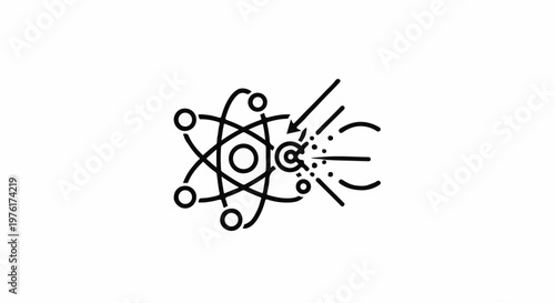 Simple line art depicting atomic nucleus collision with particle emission