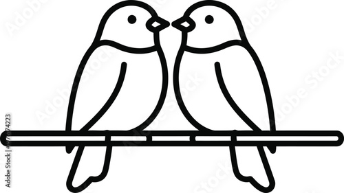 A simple black and white line art illustration of two lovebirds sitting together on a branch