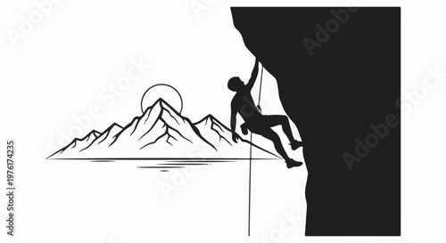 Silhouette of a person rock climbing with mountains and sun in the background