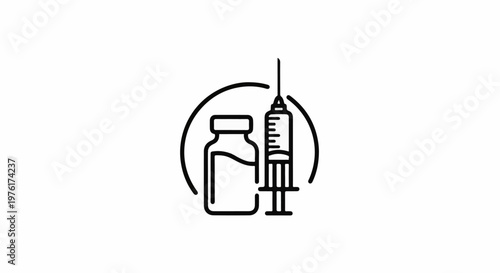 Simple icon of a vaccine vial and syringe within a circular frame