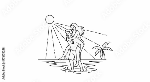 A joyous couple enjoys a sunny beach with a palm tree and ocean waves