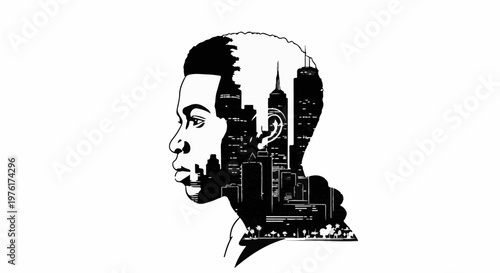 Silhouette of a person's profile filled with a city skyline