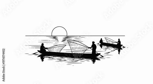 Silhouettes of fishermen in boats with nets cast on the water at sunset