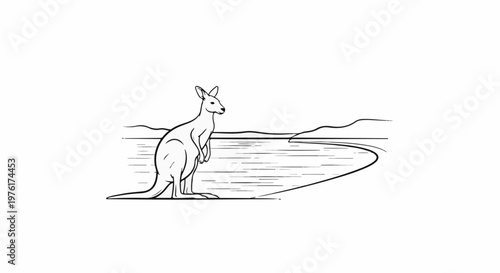 A kangaroo stands by a body of water with hills in the background