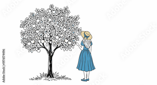 A girl in a blue dress and straw hat picks fruit from a lush tree