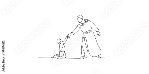Continuous line drawing of adult helping a child up and hand falling one art single