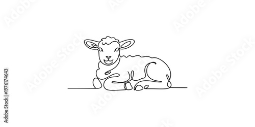 A line drawing of a lamb lying down facing the viewer with a smile sheep