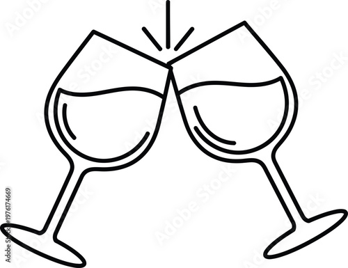 A simple black and white line art illustration showing two wine glasses clinking for a celebration