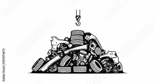A jumbled pile of scrap car parts, including tires and engines, being lifted by a crane hook
