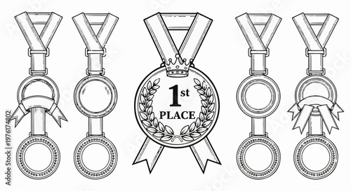 A collection of line art award medals, including one for first place