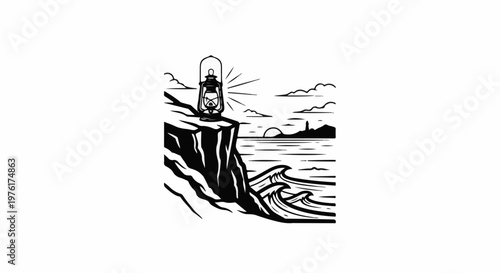 A lantern shines from a cliff overlooking the ocean at sunset