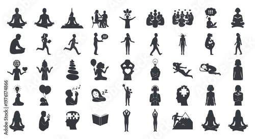 Diverse icons depicting various human activities and emotions in silhouette form Vector