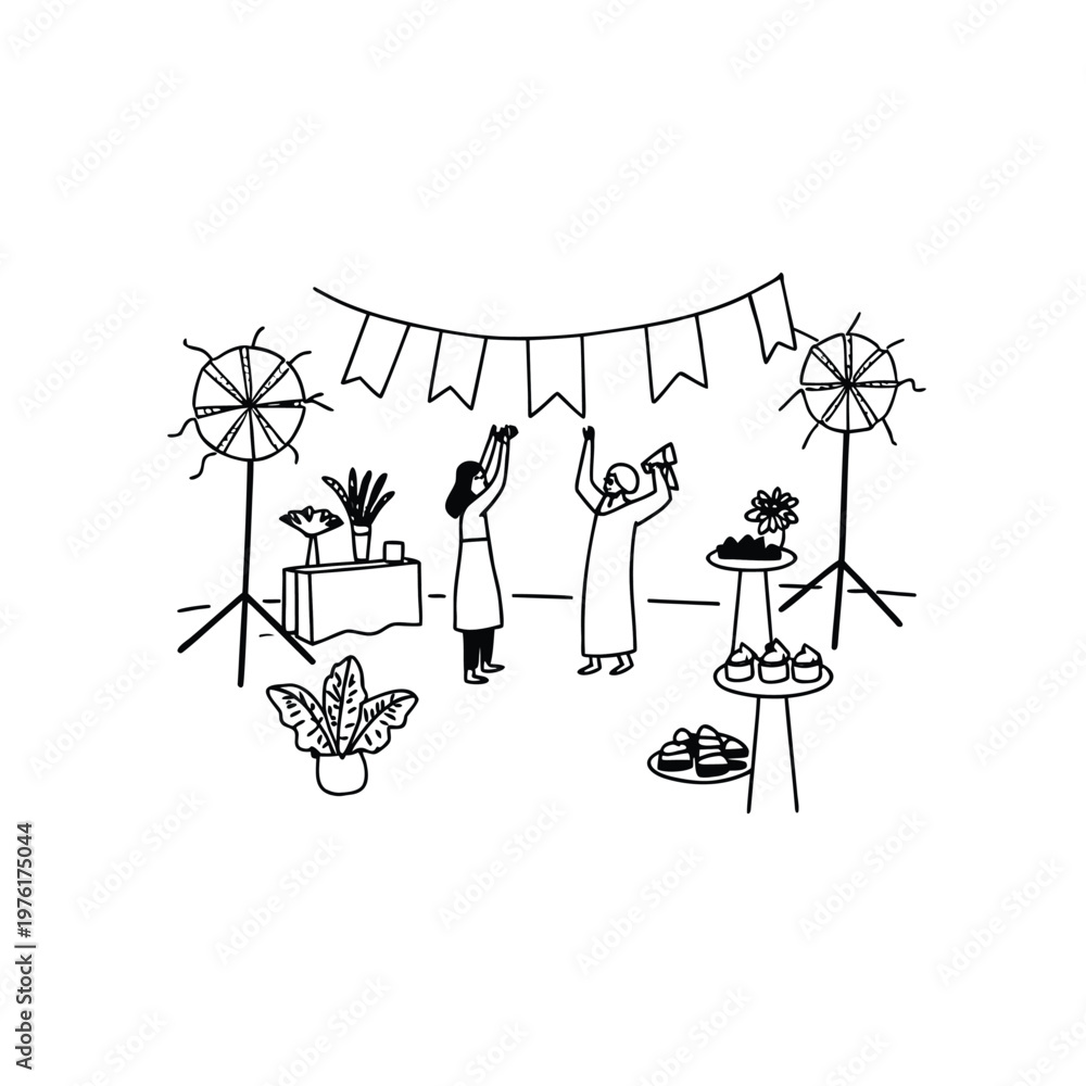 Fototapeta premium People decorating for a festival, studio setup with lights and treats, vector art.