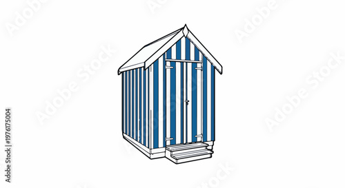 A blue and white striped beach hut with a pitched roof and steps