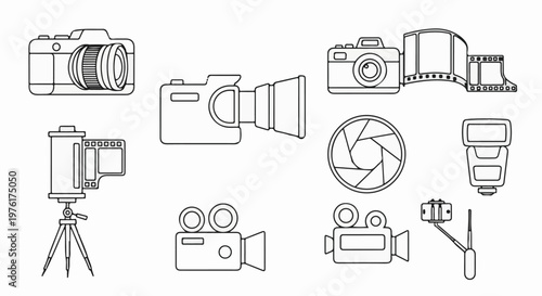 A collection of line art illustrations of cameras, film, and accessories