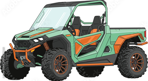 Off road utility terrain vehicle illustration, rugged UTV side by side buggy with large tires, extreme adventure transport vector isolated on white background