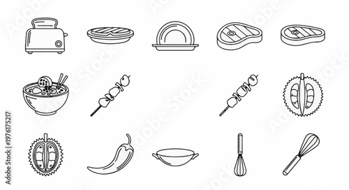 A collection of line drawings depicting various food and kitchen items