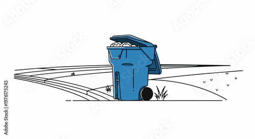 A blue trash bin sits open and full on a curb with simple grass outlines
