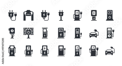 Comprehensive icons depicting various electric vehicle charging methods and stations Vector