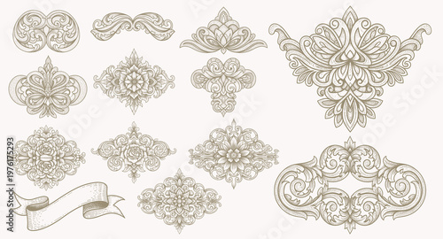 Set of black vintage calligraphic ornaments with elegant swirls and decorative filigree dividers on white background, concept for luxury invitation, wedding stationery and brand identity