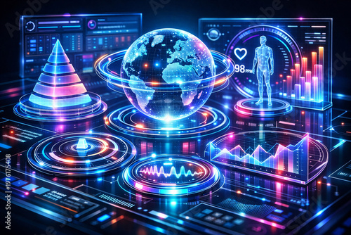 Digital Data World: A captivating digital representation of interconnected data streams and visualizations, with a glowing globe at its core.