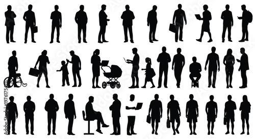 Diverse silhouettes of people engaged in various daily activities and poses Vector