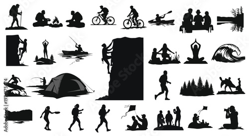 Diverse outdoor activities and camping adventures illustrated in silhouette style Vector