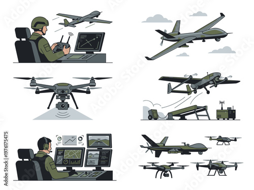 Military drone operators and UAV technology set: flat vector illustration of combat aircraft scenes