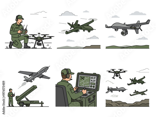 Unmanned aerial vehicle collection: military personnel controlling drones and surveillance technology in flat style