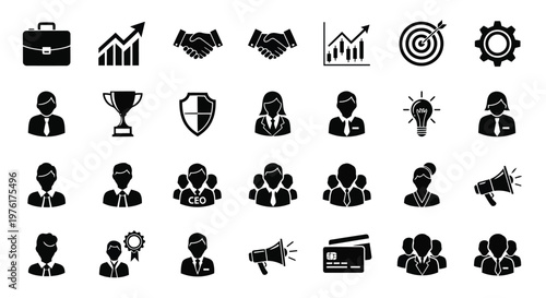 Collection of diverse business and professional icons representing corporate concepts and activities Vector