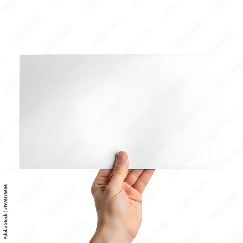 Fototapeta premium Person holding a blank white rectangular paper sheet mockup with document template business presentation stationery isolated advertising