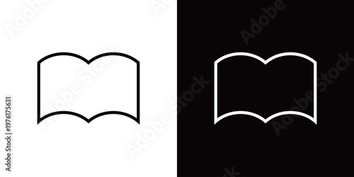 開いた本のシルエットのラインアイコン。白い線と黒い線のモノクロベクターイラストセット