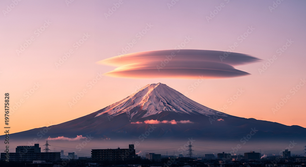 Obraz premium Mount Fuji with Lenticular Clouds at Sunrise – Peaceful Landscape