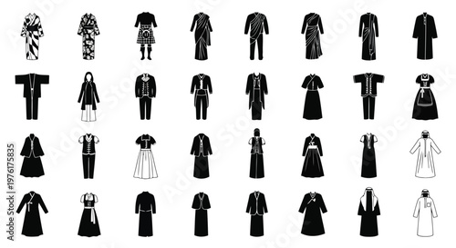Historical and traditional garments from various cultures and time periods depicted in silhouette Vector