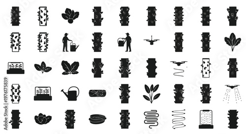 Comprehensive icon set depicting various gardening and plant care activities Vector
