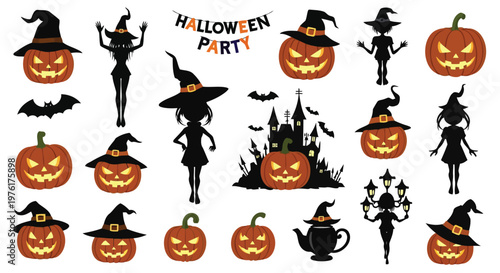 Halloween party icons featuring witches, jack-o'-lanterns, and festive symbols Vector