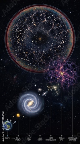 Observable cosmos diagram, representing universal scale, celestial body arrangement, galactic cluster network, supercluster filament, vast expansion, infinite dimension, astronomical immensity.