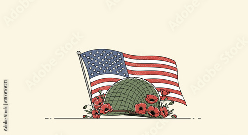American flag with military helmet and poppy flowers for Memorial Day tribute