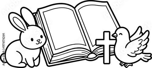 Rabbit dove cross and open bible illustration