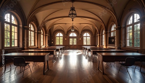 Elegant interior of a historic building with arched windows and desks.