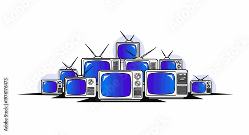 A collection of retro televisions with blue screens piled together